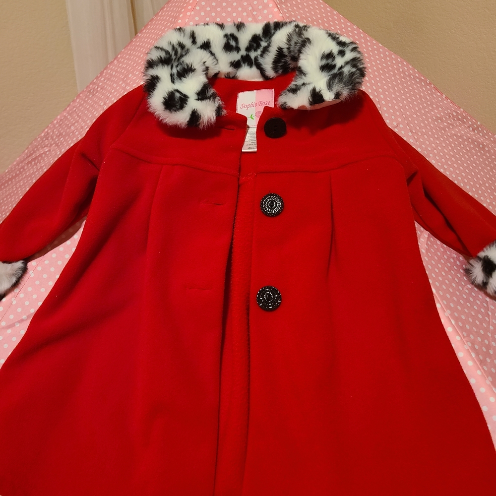Sophie Rose- Stylish Red Kids Pea Coat with Faux Fur Collar